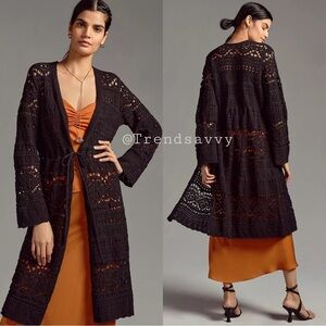 ANTHROPOLOGIE Pointelle Cardigan Sweater Long Sleeve Top Black Size S NWT